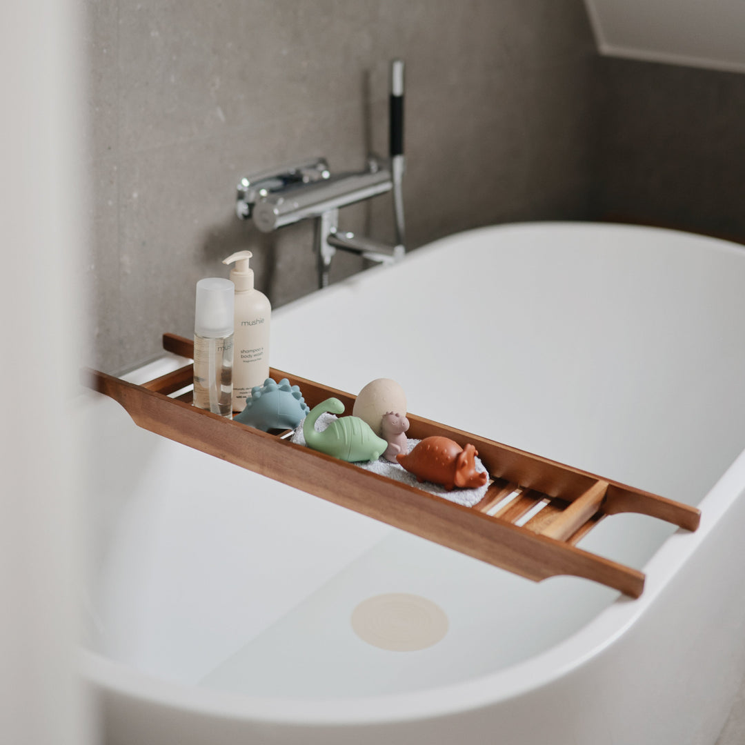 Mushie Dino Bath Essentials Kit lifestyle — prehistoric bath fun for little ones