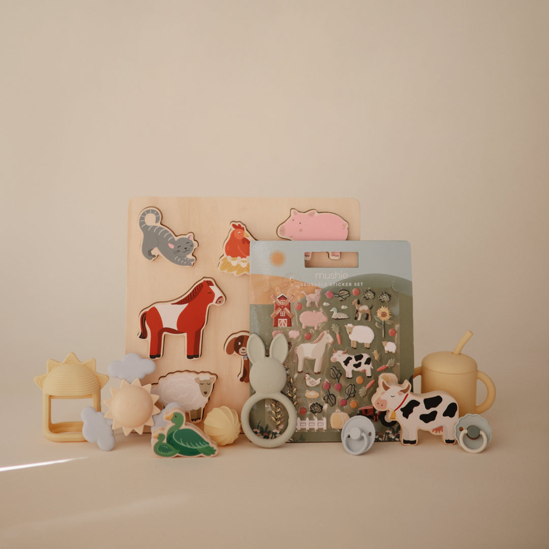 Flat lay of a Mushie wooden puzzle