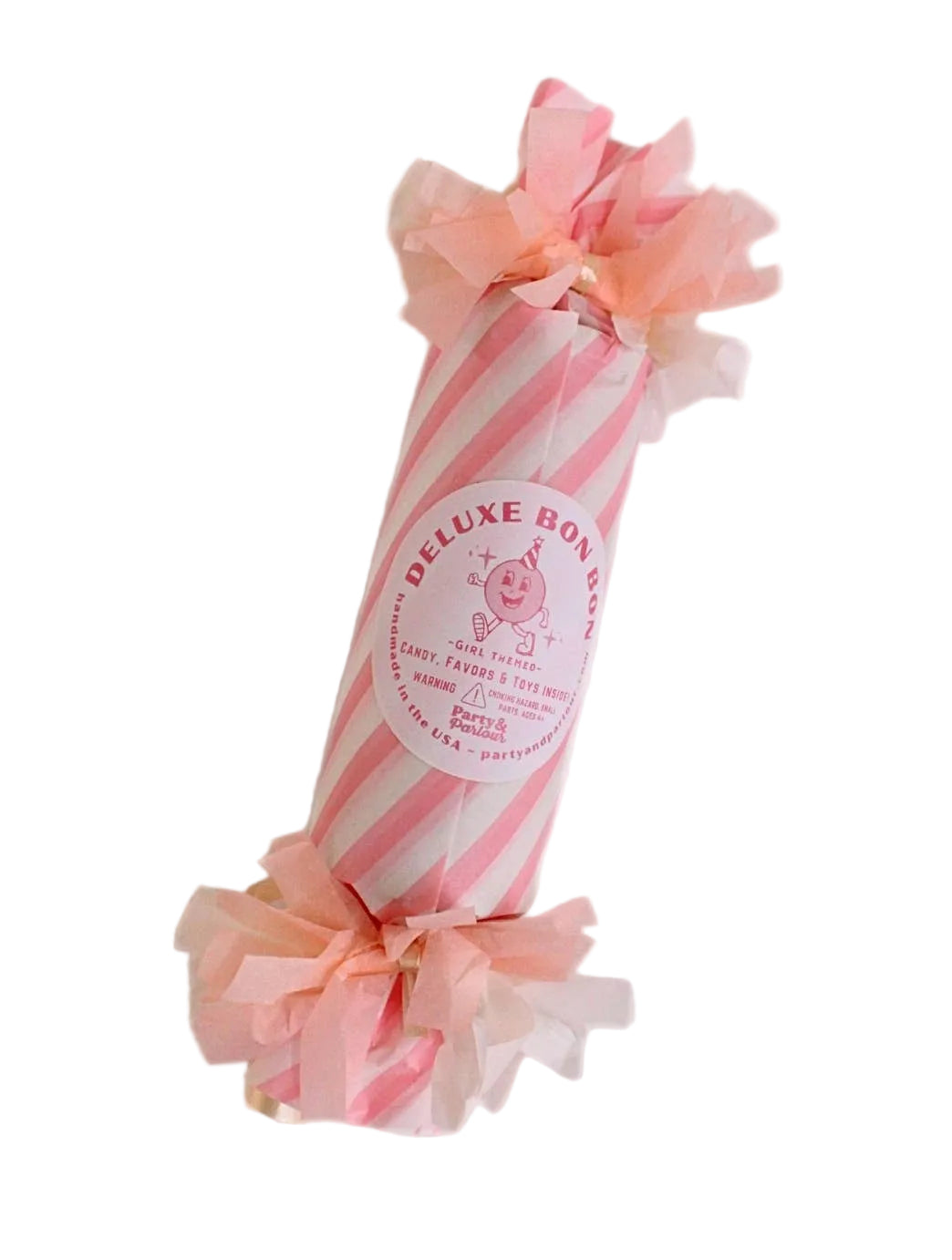 Single pink striped deluxe surprise bon bon with peach fringe ends, a sweet thank-you favor for girls