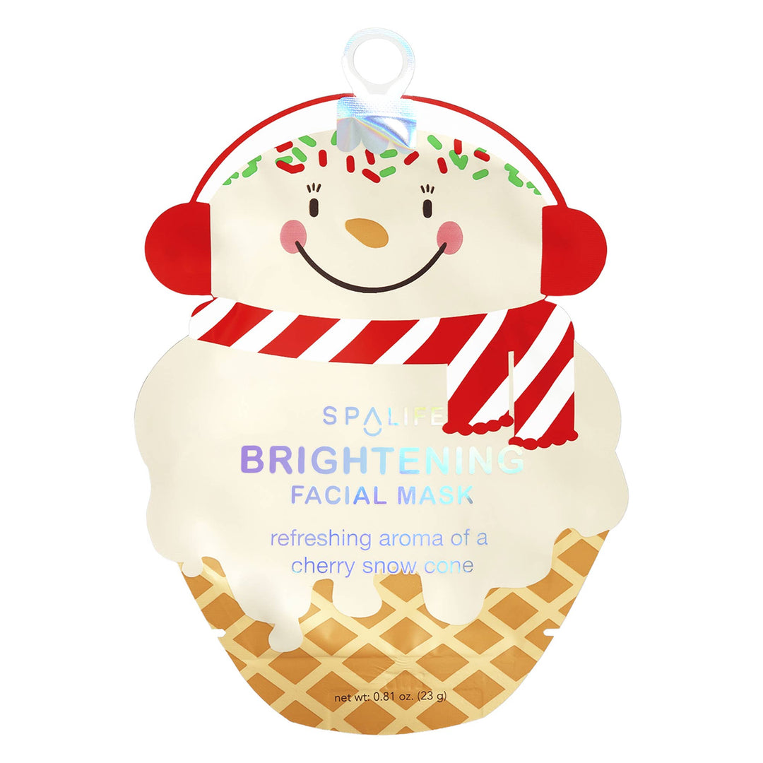 Snowman pouch with earmuffs and candy stripe scarf holding the brightening cherry snow cone scented Christmas face mask