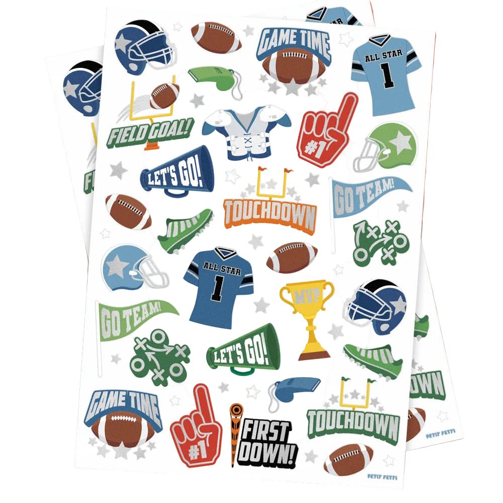 Two sheets of kids football tattoos in blue and green with helmets, jerseys, trophies, and Touchdown badges