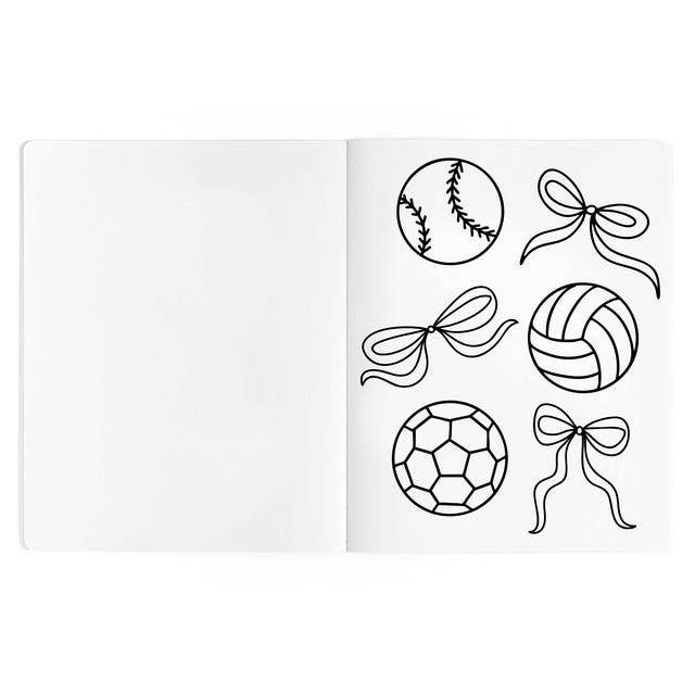 Coloring page of baseball, volleyball, and soccer ball with ribbon bows for sports birthday parties