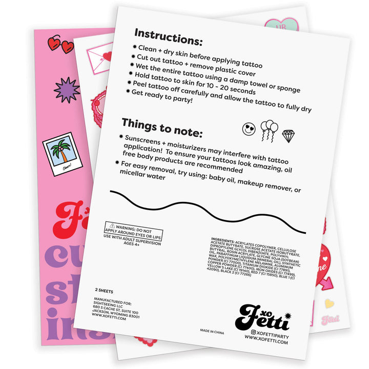 Valentines Day Temporary Tattoos, Galentines Heart Favors xo, Fetti Valentines Day Temporary Tattoos, Galentines Heart Favors Bonjour Fete - Party Supplies