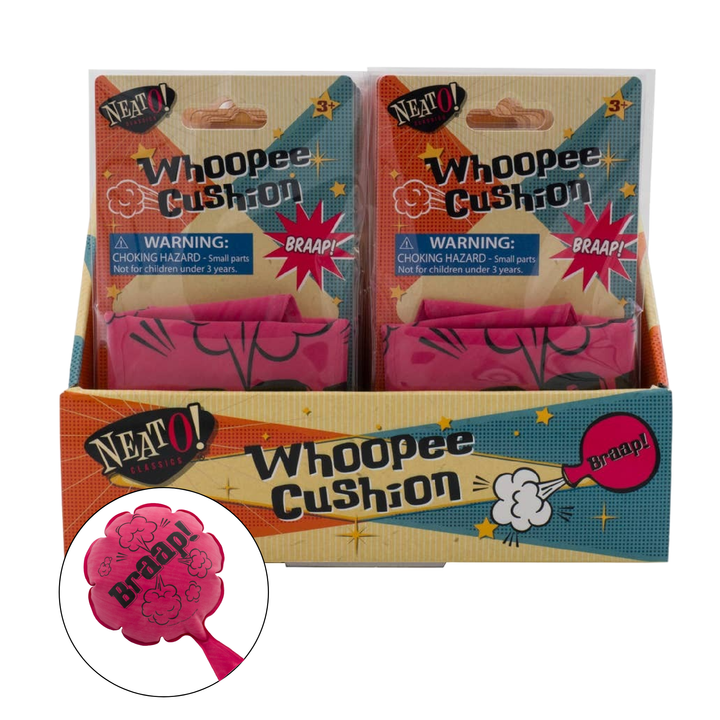 Neato Whoopee Cushion counter display with pink cushions in retro packaging, classic gag gifts for kids