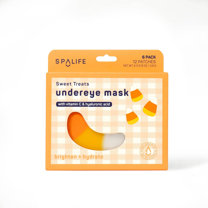 Sweet Treats under eye mask box in orange gingham with a candy corn shaped patch, a cute boo basket treat