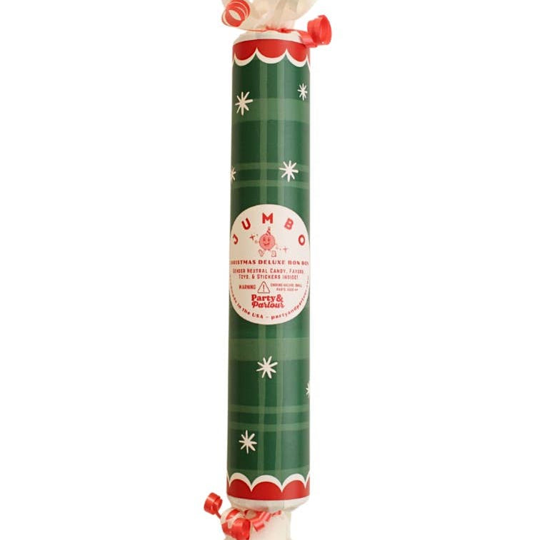 Tall green plaid jumbo bon bon with red scalloped trim, a round label, and white tissue ends, for a Christmas party