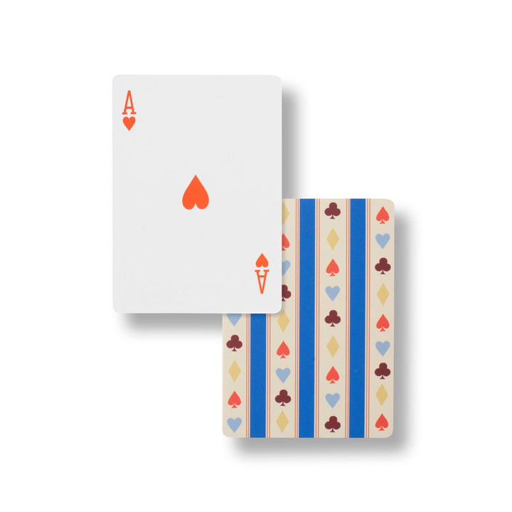 Ace of hearts in orange beside the striped suit patterned deck back, playful decks for New Years Eve card games