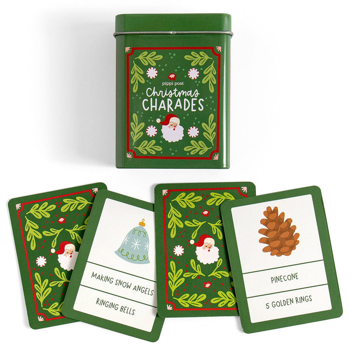 Christmas charades green tin with Santa art and prompt cards for pinecone and ringing bells