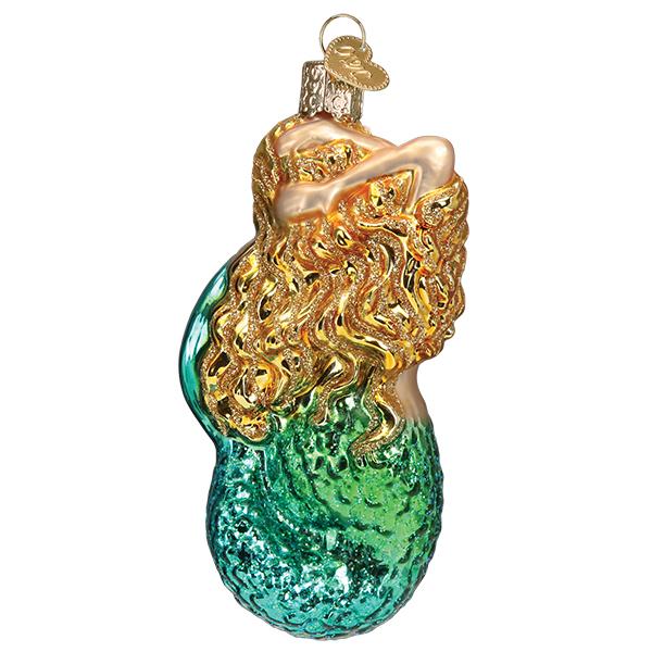 Back of the mermaid ornament showing long golden glitter hair over her teal tail, on white