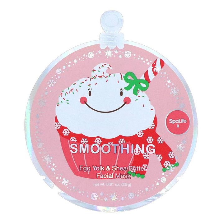 Ornament shaped pouch with smiling Christmas cupcake art for the smoothing egg yolk and shea butter face mask