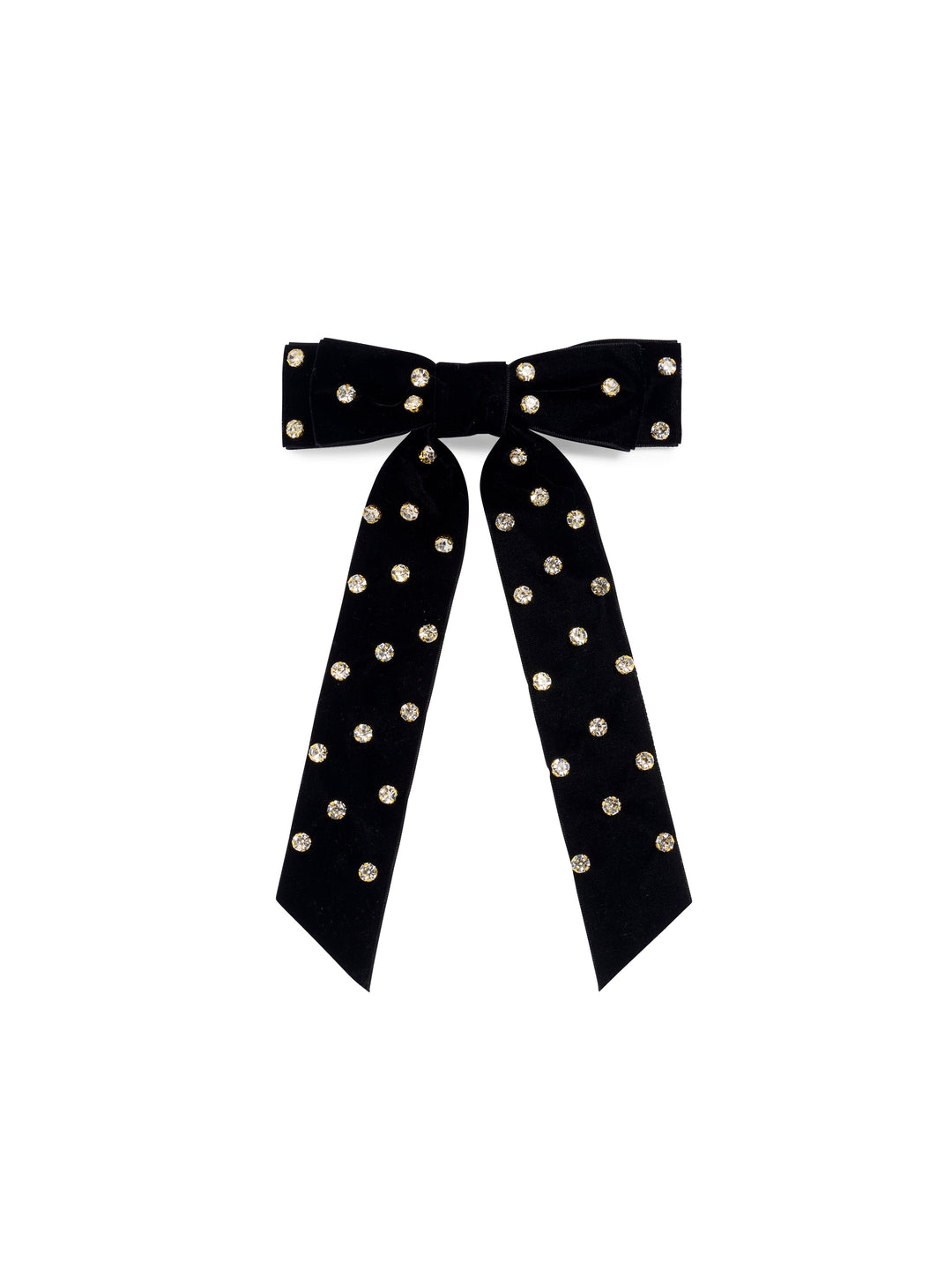 Black velvet hair bow with rhinestones on white