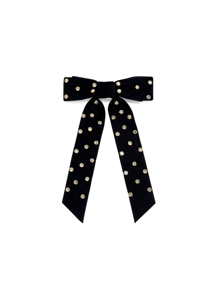 Black velvet hair bow with rhinestones on white