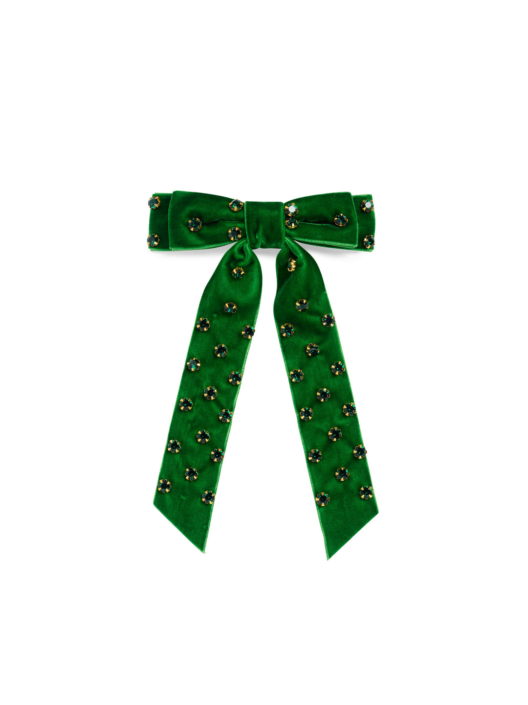 Green velvet hair bow with rhinestones on white