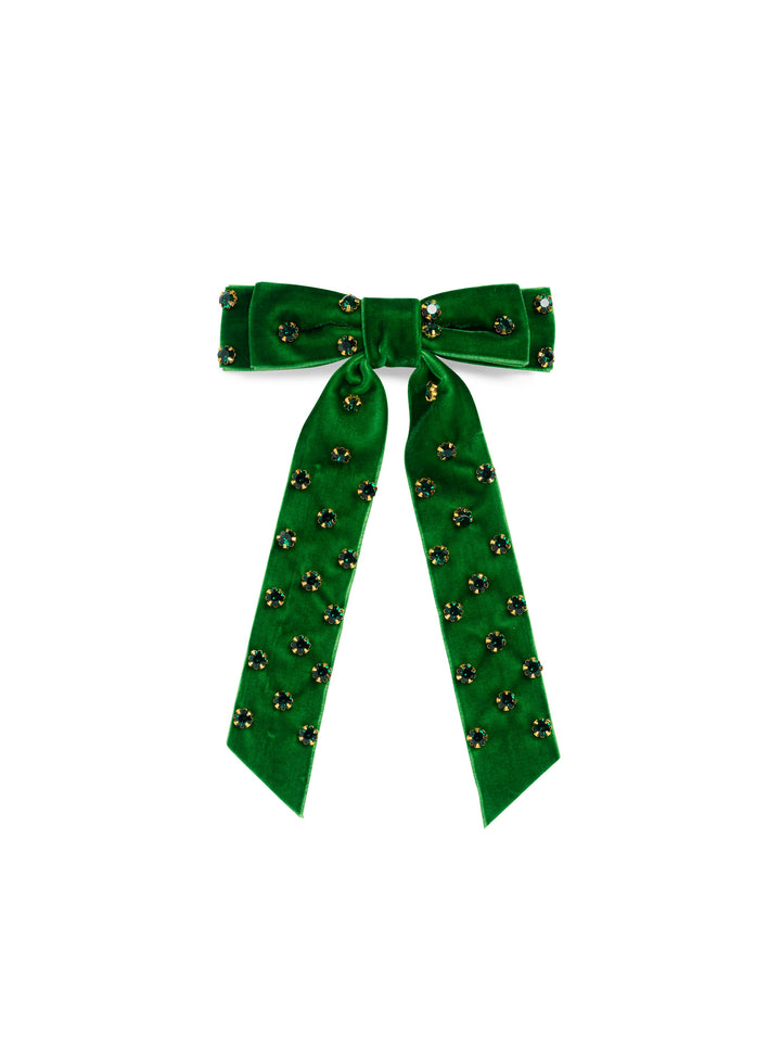Green velvet hair bow with rhinestones on white