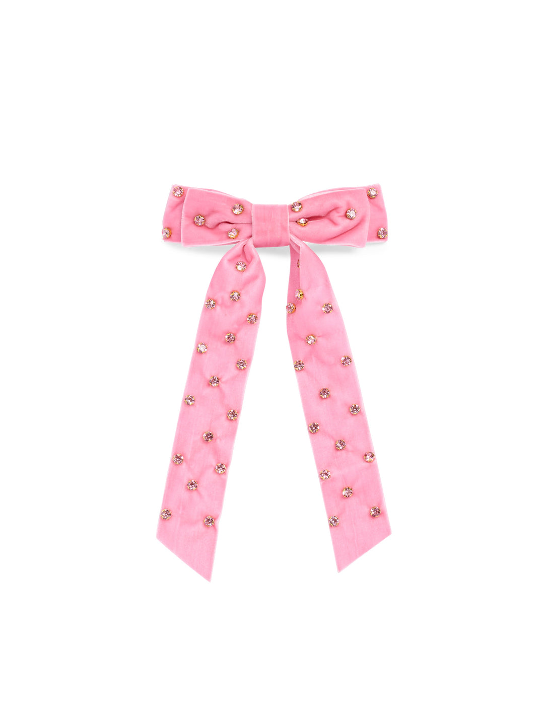 Pink velvet hair bow with rhinestones on white