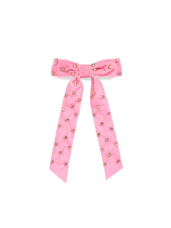 Pink velvet hair bow with rhinestones on white