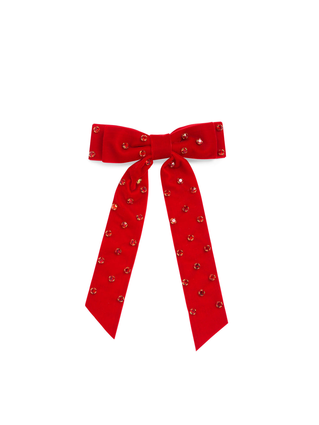 Red velvet hair bow with rhinestones on white
