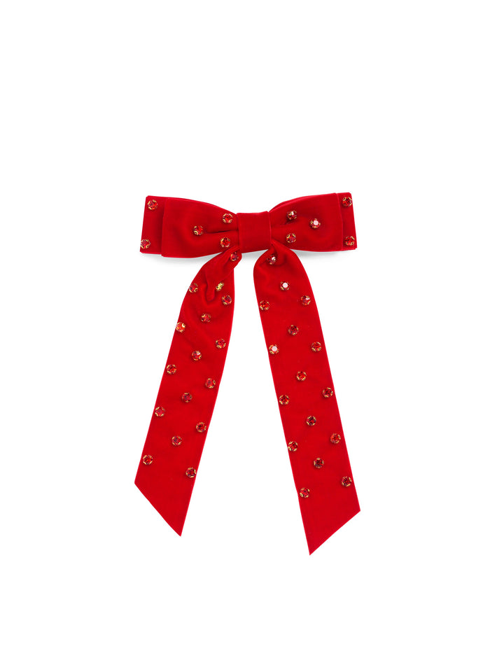 Red velvet hair bow with rhinestones on white