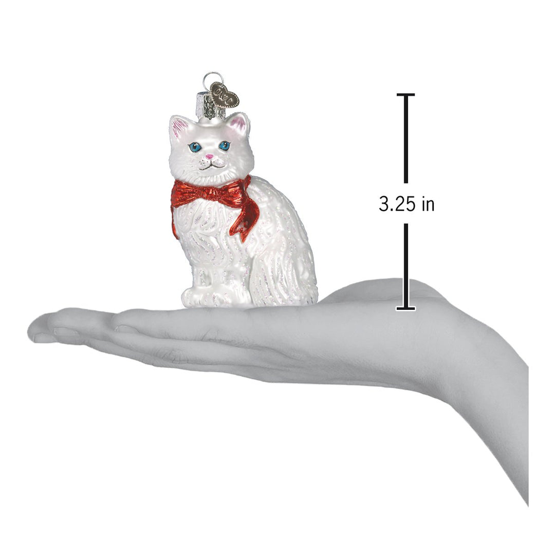 White princess cat ornament on an open palm with a 3.25 inch height marker for scale