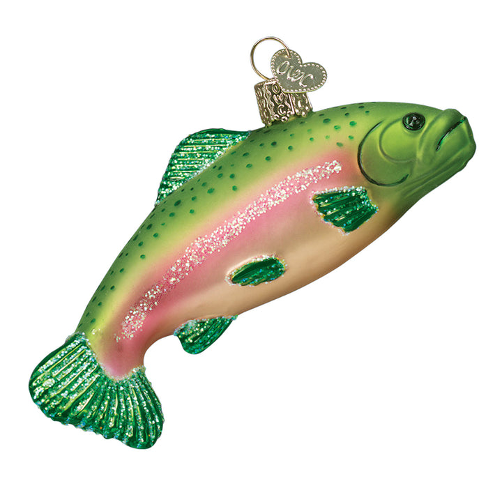 Rainbow trout glass Christmas ornament with pink stripe and green speckled back, side view on white