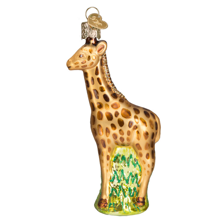 Left side of the giraffe ornament showing its long neck and tan coat, on white