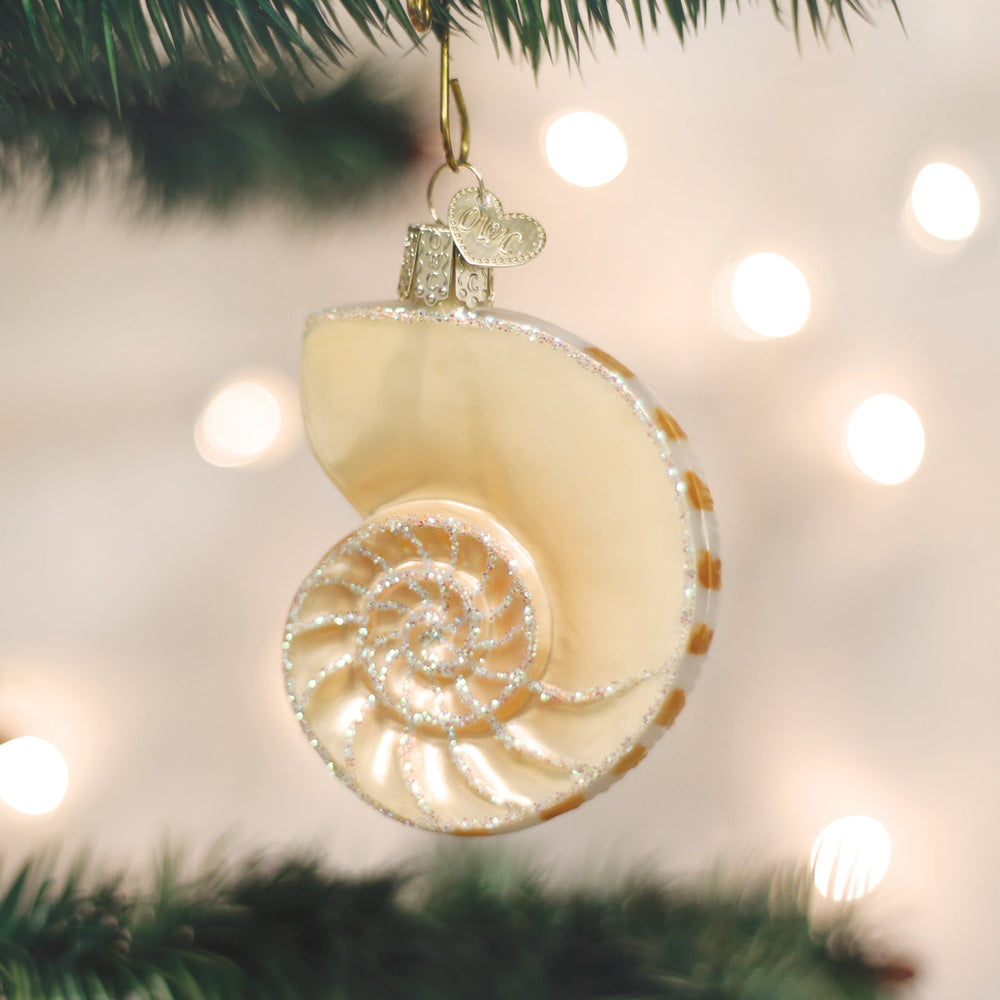 Nautilus shell ornament hanging on a lit Christmas tree with soft bokeh lights