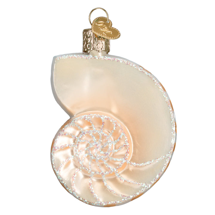 Front of the nautilus shell glass ornament showing its pearly ivory inner spiral, on white