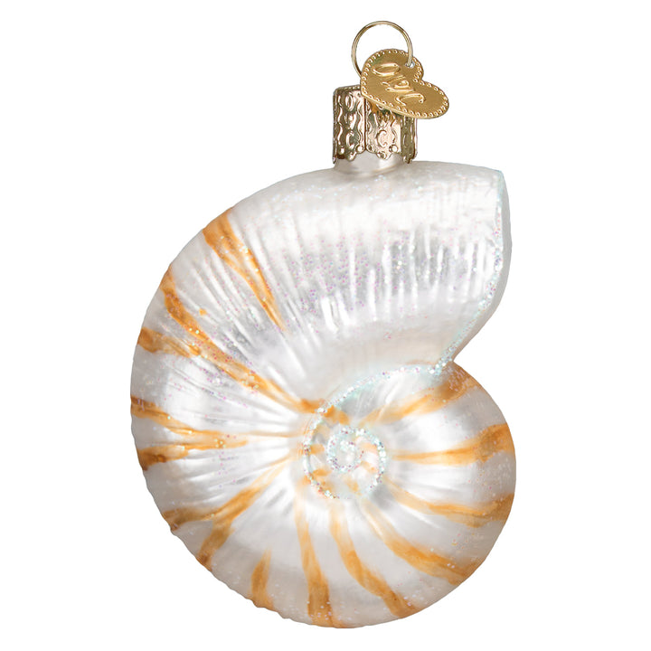 Back of the nautilus shell ornament with soft orange stripes on ivory glass, on white