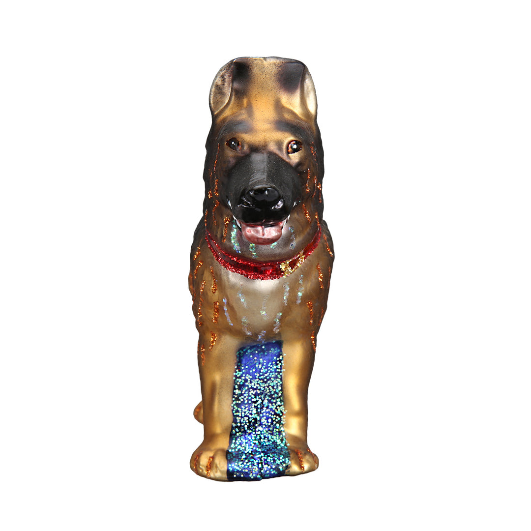 German Shepherd ornament seen head-on with tall ears, red collar, and tan chest