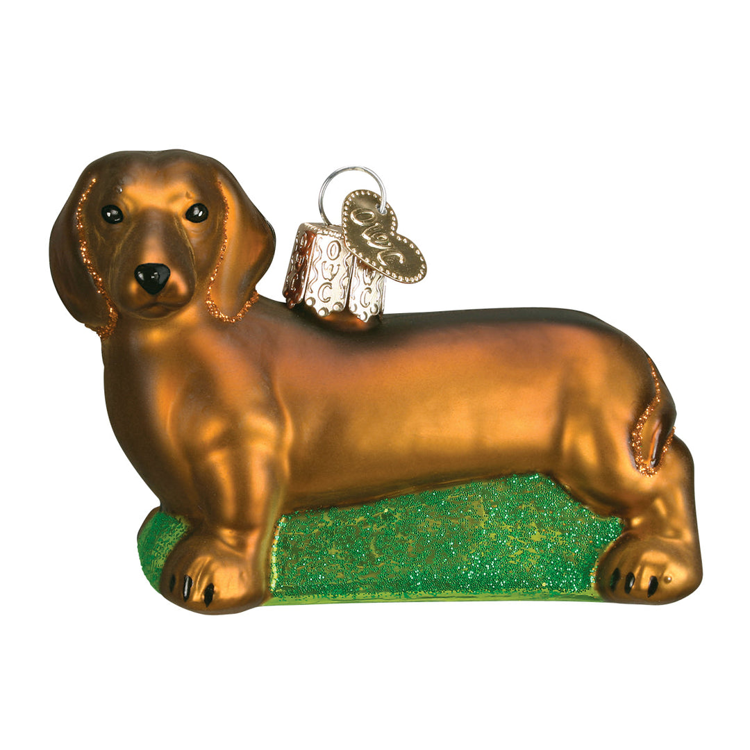 Smooth red dachshund ornament in glossy brown glass standing on green glitter grass, side view