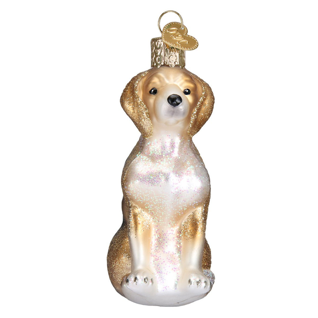 Beagle ornament seen head-on with white chest and tan face