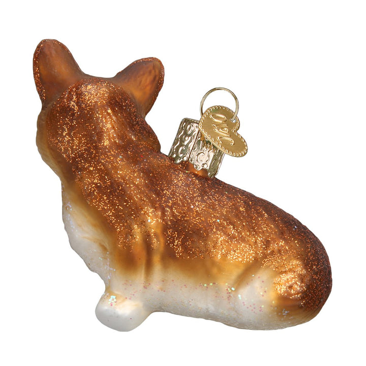 Back view of the corgi ornament showing its fluffy russet rump and tall ears