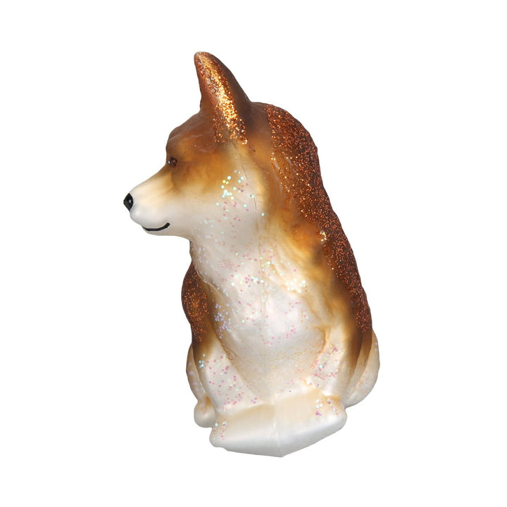 Corgi ornament seen end-on, showing its tall ears and white chest