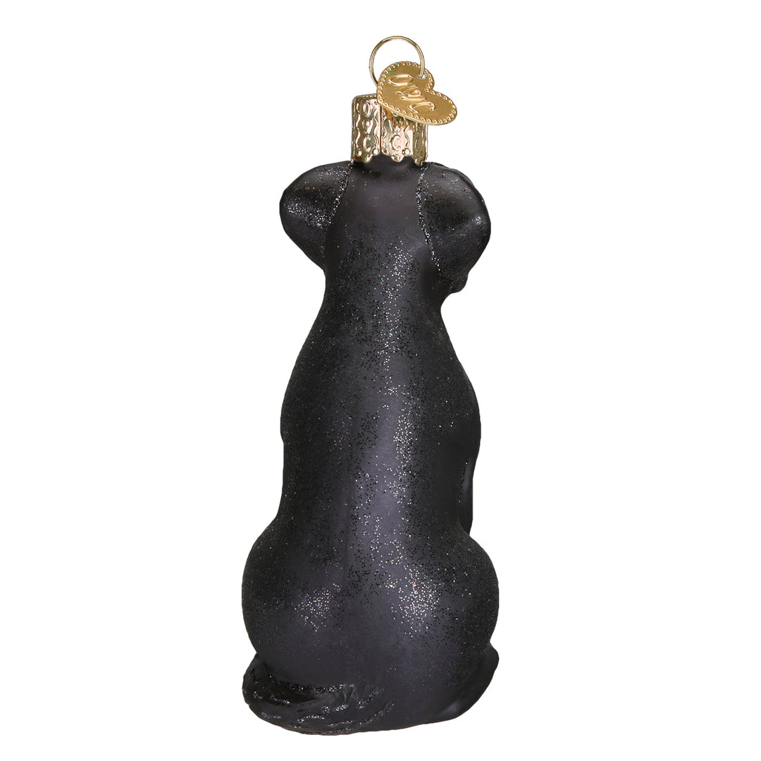 Back view of the black Labrador ornament with gold OWC cap on top