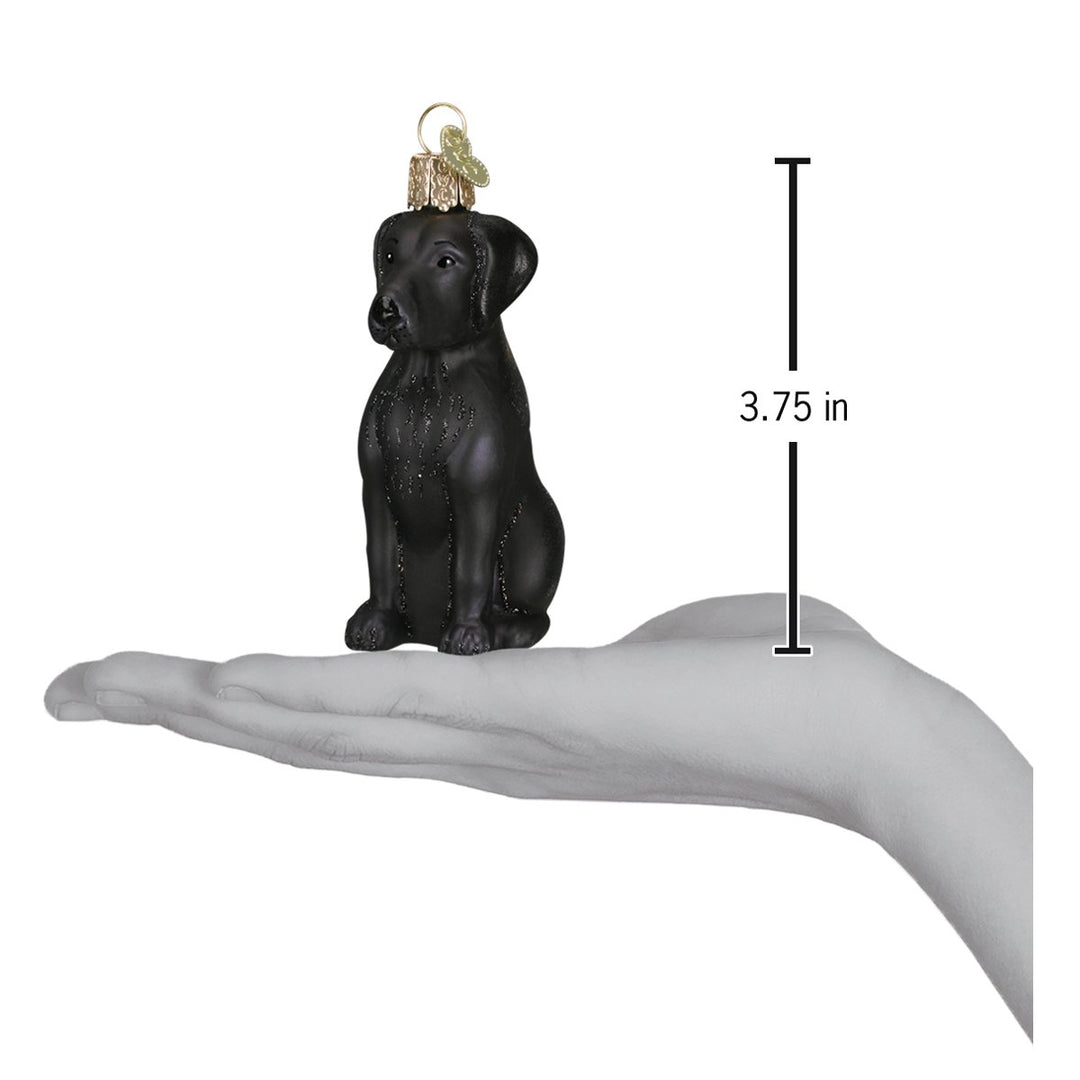 Black Labrador ornament on an open palm with a 3.75 inch height marker for scale
