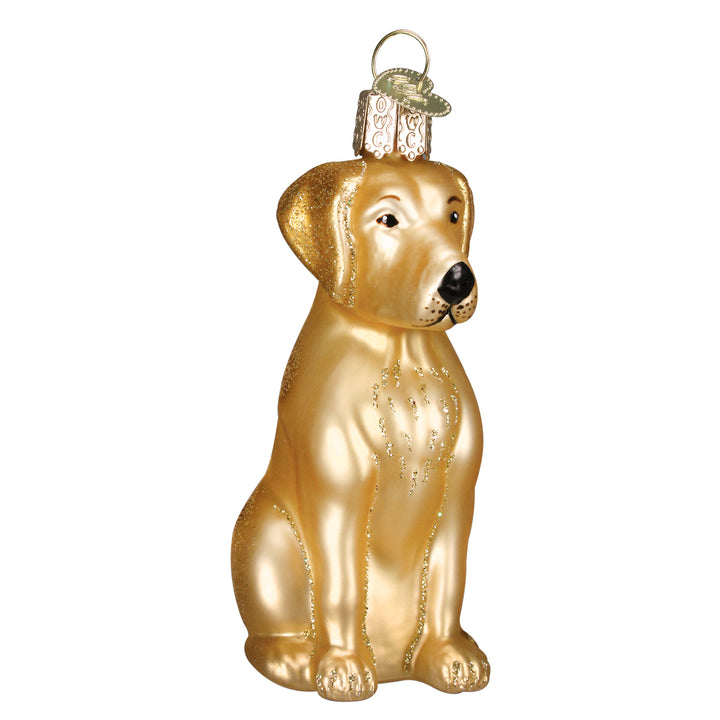 Yellow Labrador ornament sitting upright in golden yellow hand-painted glass, front view