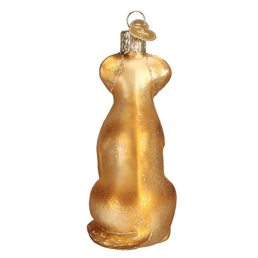Back view of the yellow Labrador ornament with gold OWC cap on top
