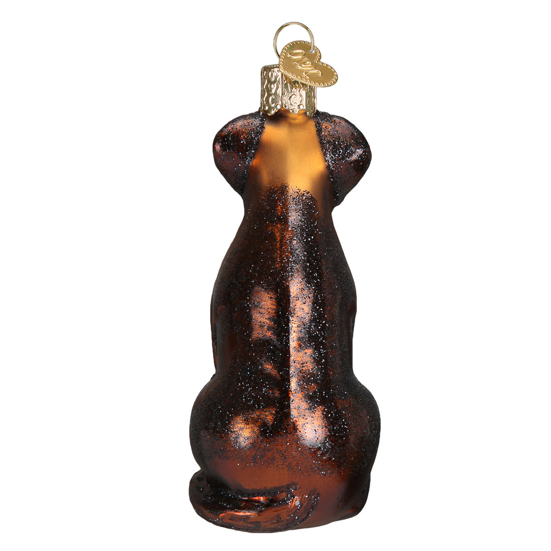 Back view of the chocolate Labrador ornament with gold OWC cap on top