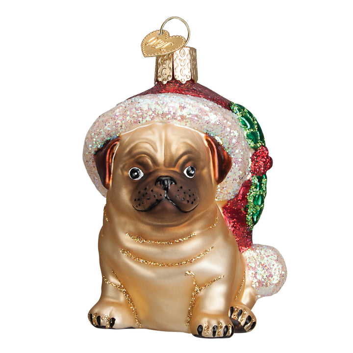 Fawn pug ornament sitting in a red Santa hat with green holly and white brim, front view