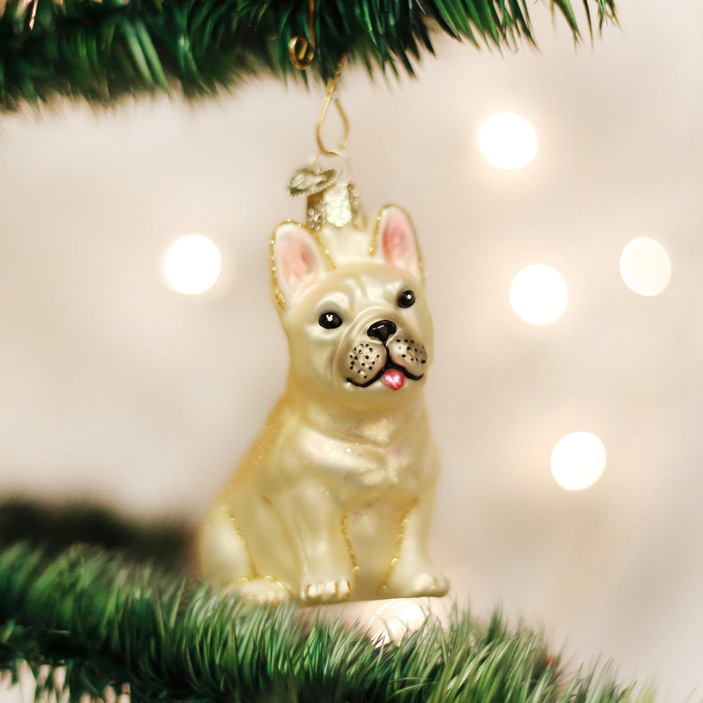 Cream French bulldog glass ornament sitting upright with pink ears, hanging on a Christmas tree