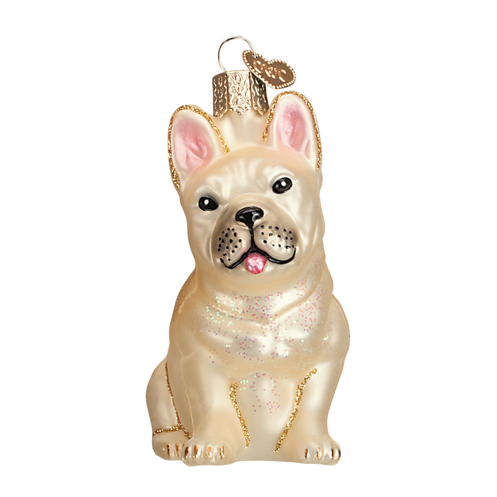 Front of the French bulldog ornament with bat ears, dark eyes, and a pink tongue, on white