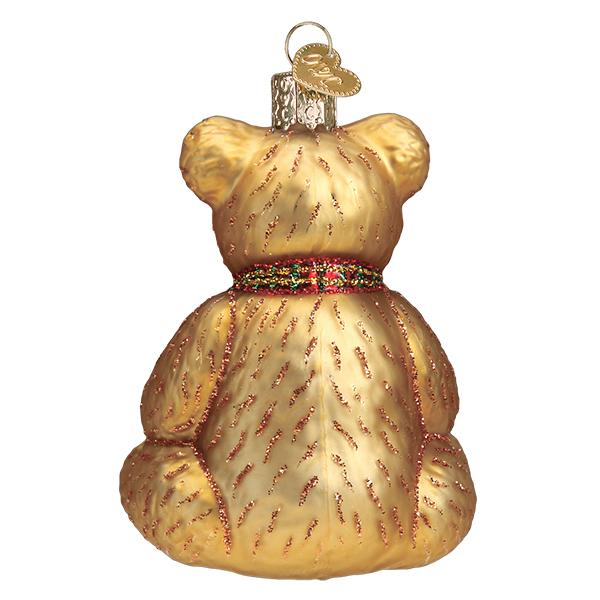 Back of the teddy bear ornament with painted fur strokes and the plaid bow at the neck, on white