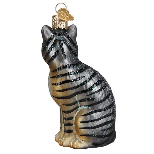 Back view of the tabby cat ornament with black stripes running down to the curled tail