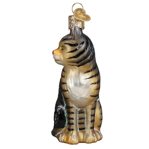 Tabby cat ornament in left side profile showing its striped back, pale chest, and glittered paws