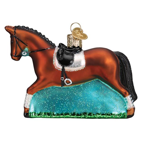 Opposite side of the dressage horse ornament, head to the left with a braided black mane, on white