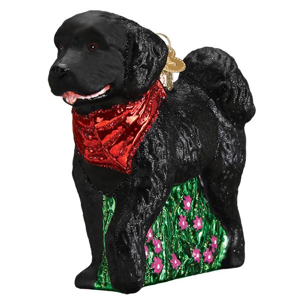 Three-quarter front view of the black doodle ornament showing its curly coat and red bandana