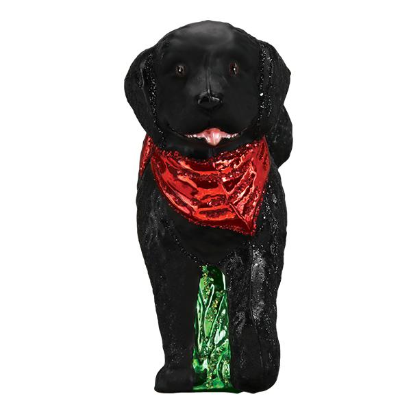 Black doodle ornament seen head-on with red bandana and pink tongue