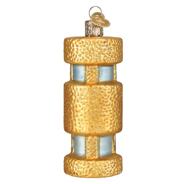 Back view of the cat tower ornament, gold glitter tiers with pale blue posts between them