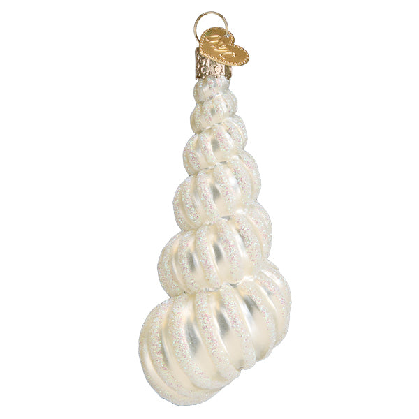 Back of the wentletrap shell ornament showing its stacked white spiral ridges, on white