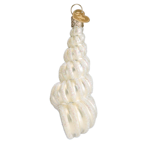 Side view of the spiral wentletrap shell ornament in pearly white glass, on white